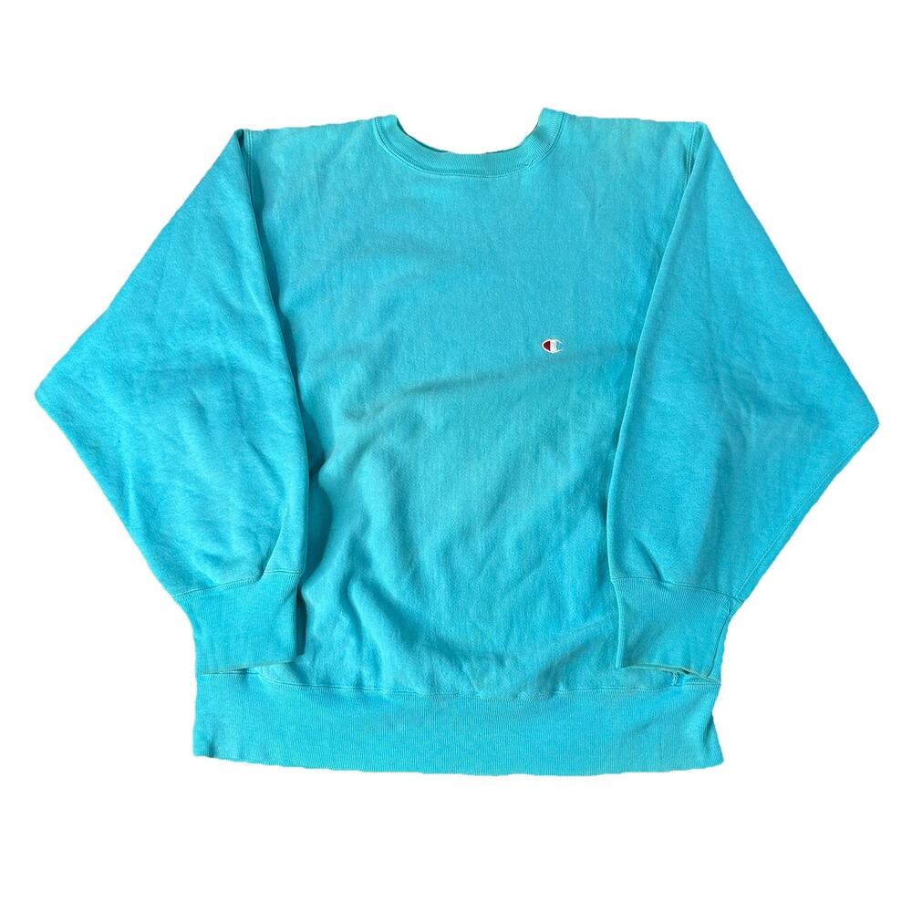 Vintage 80s Champion Reverse Weave Warmup Teal Sweater Crewneck Mens XL